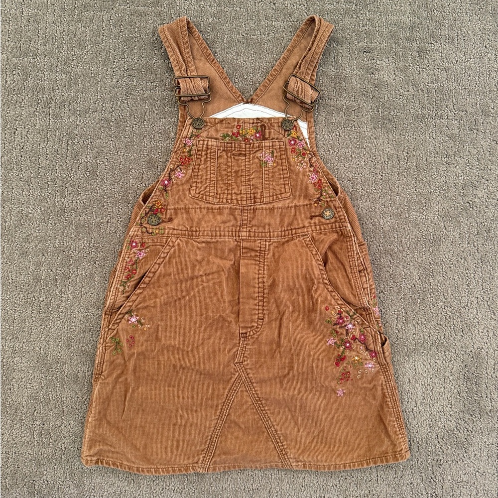 Oshkosh B’gosh Girls Corduroy Overall Brown Dress Floral Embroidered Size 4T